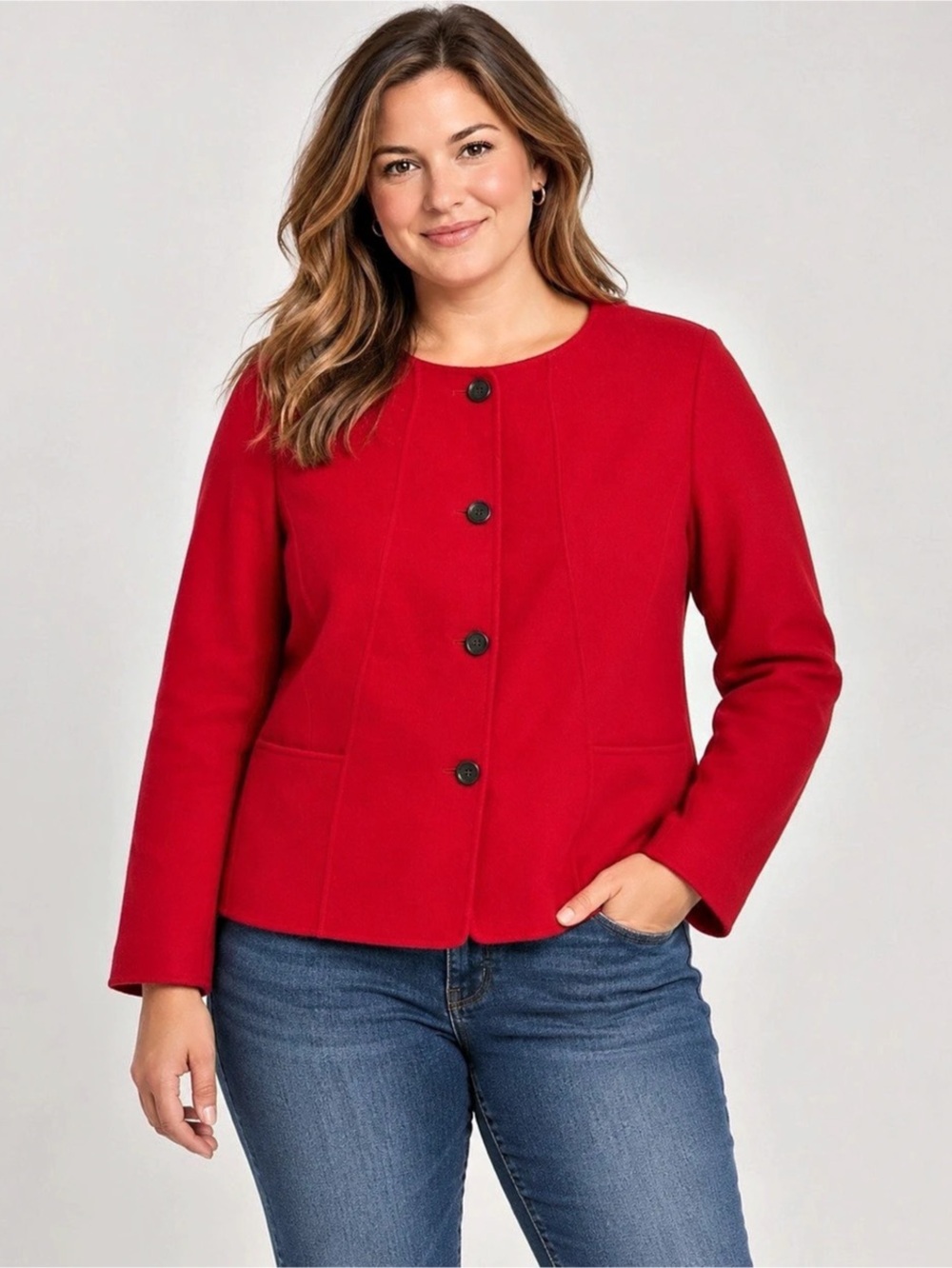 Talbots Red Wool Blend Collarless Peplum Coat Jacket Blazer Regular Size 12